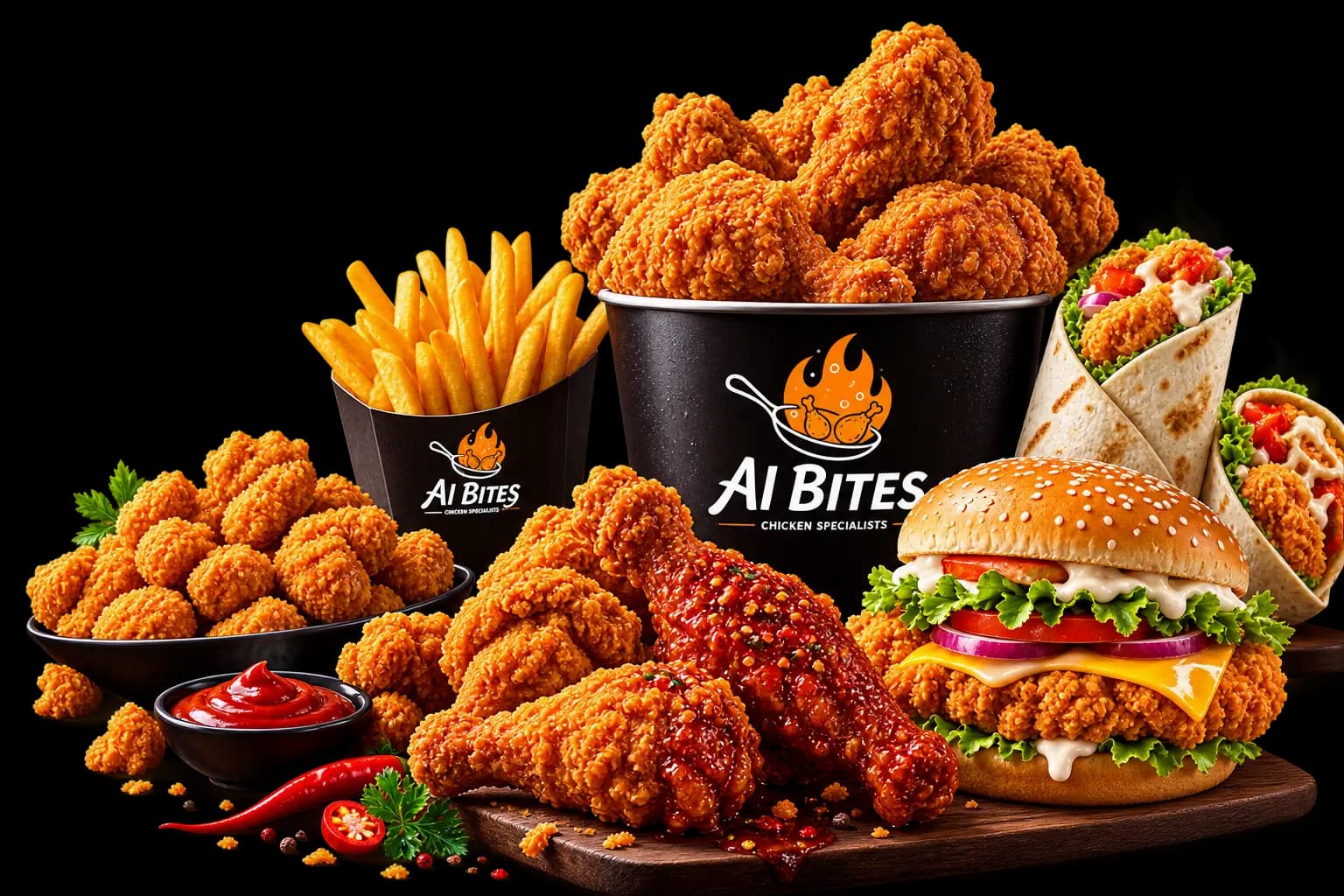 AI Bites signature spread: a bucket of fried chicken, peri peri wings, crispy popcorn chicken, a loaded chicken burger and chicken wraps