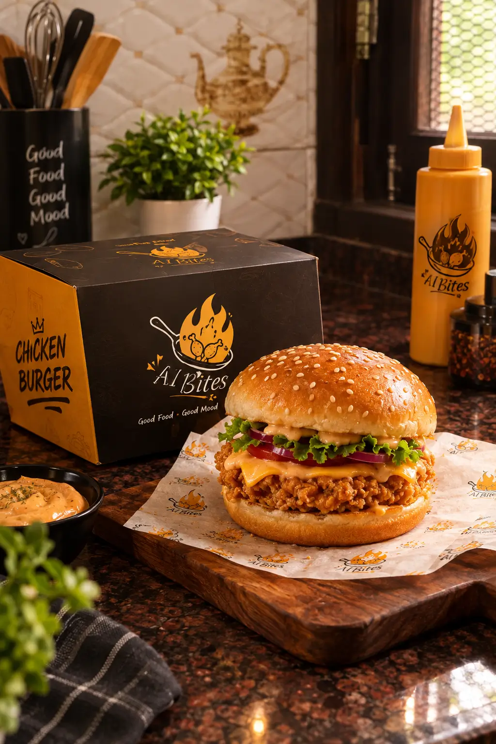 Chicken burger, fresh off the board